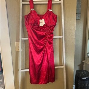 Betsy & Adam Red Ruched Midi Dress